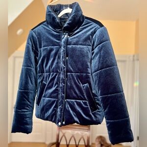 Blue velvet puffer coat